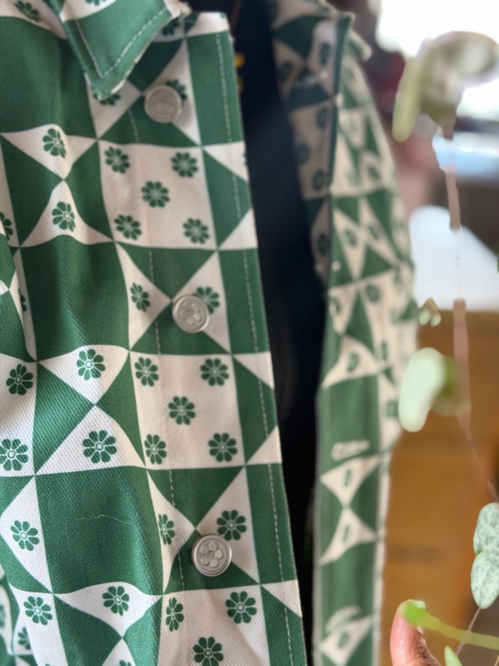 Lisa Says Gah Green and White Geometric Patchwork Jean Jacket - Picture 3 of 7